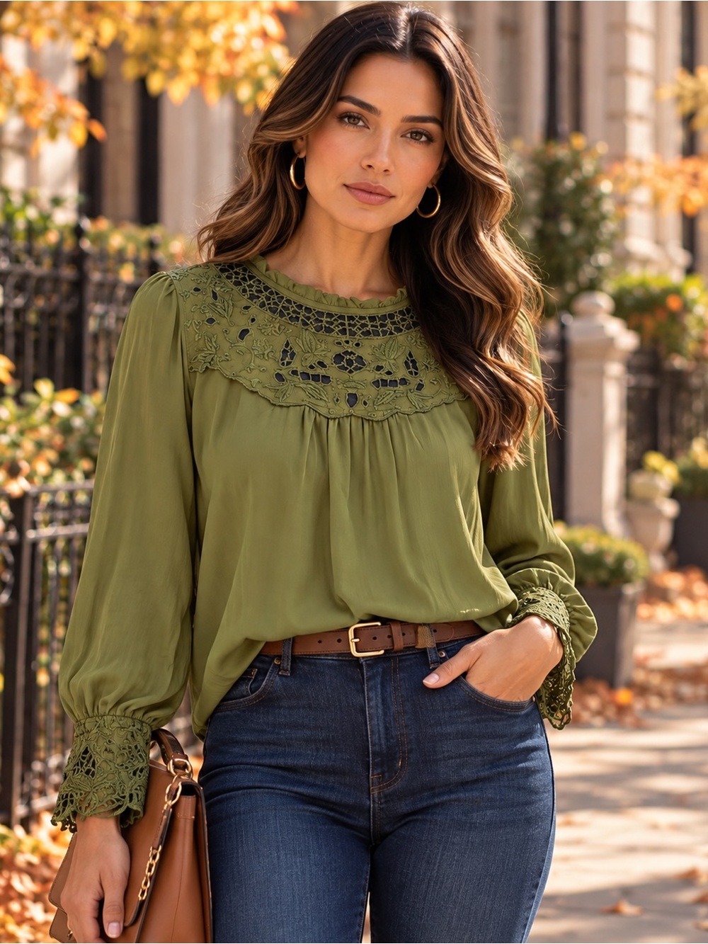 LOFT Olive Green Embroidered Lace Blouse NWT L Boho Romantic